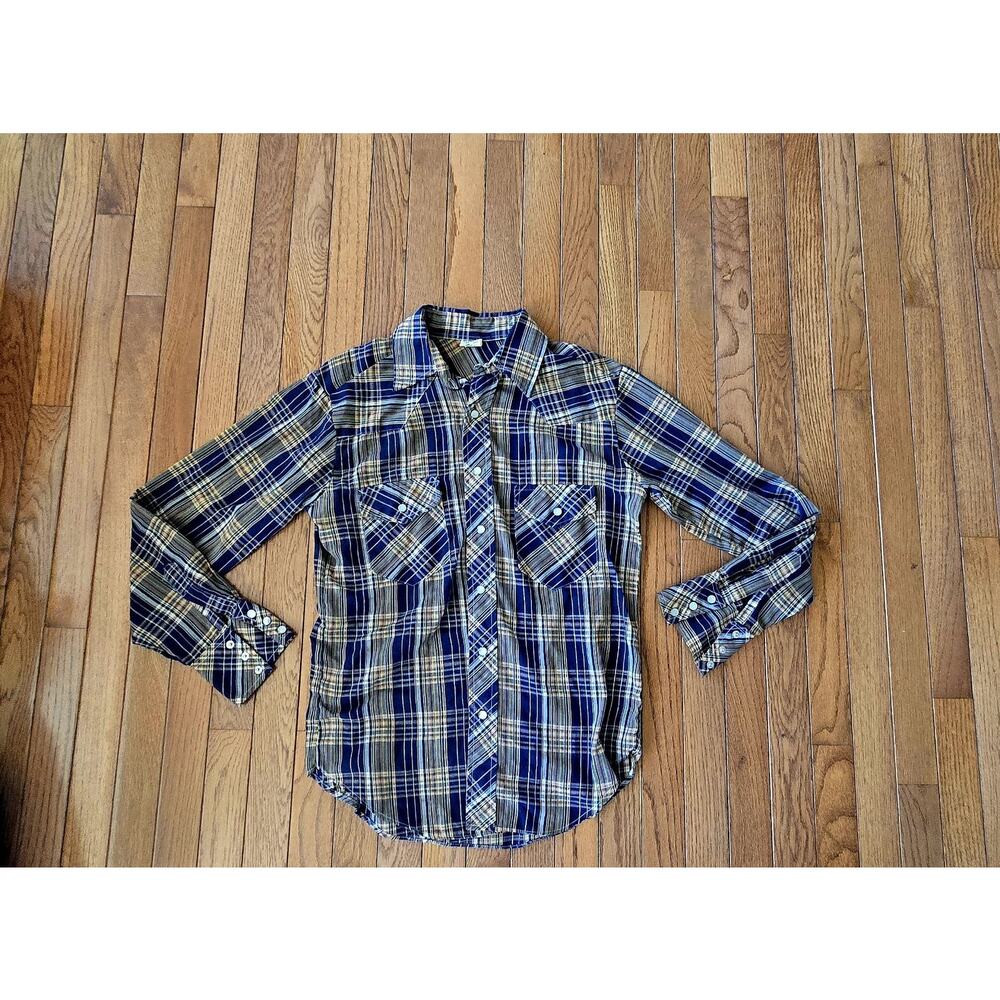 VTG Western Pearl Snap Plaid American Cowboys Men's Shirt M Blue Vintage